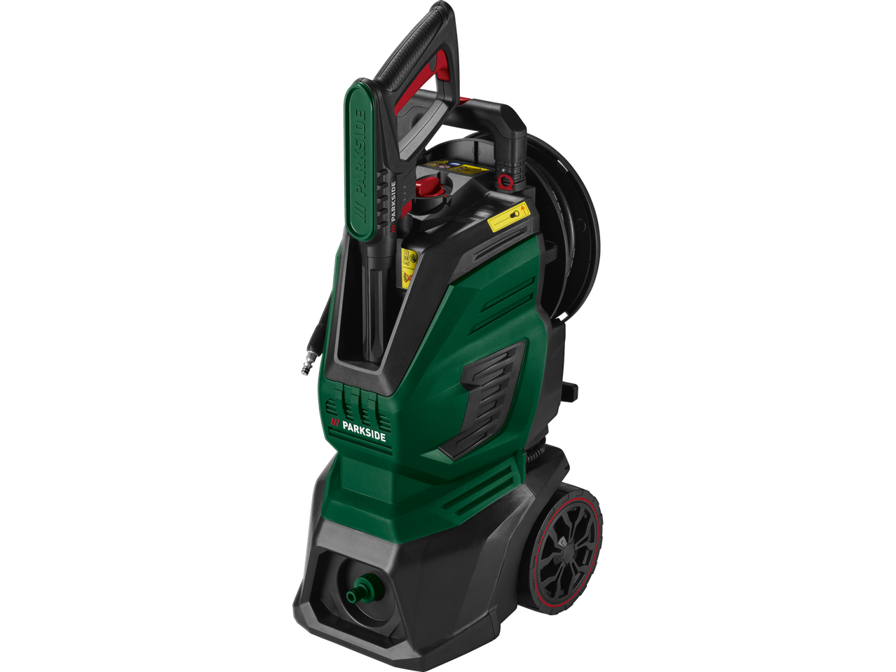 Zaļš Parkside® augstspiediena mazgātājs ar melnām un sarkanām detaļām.
