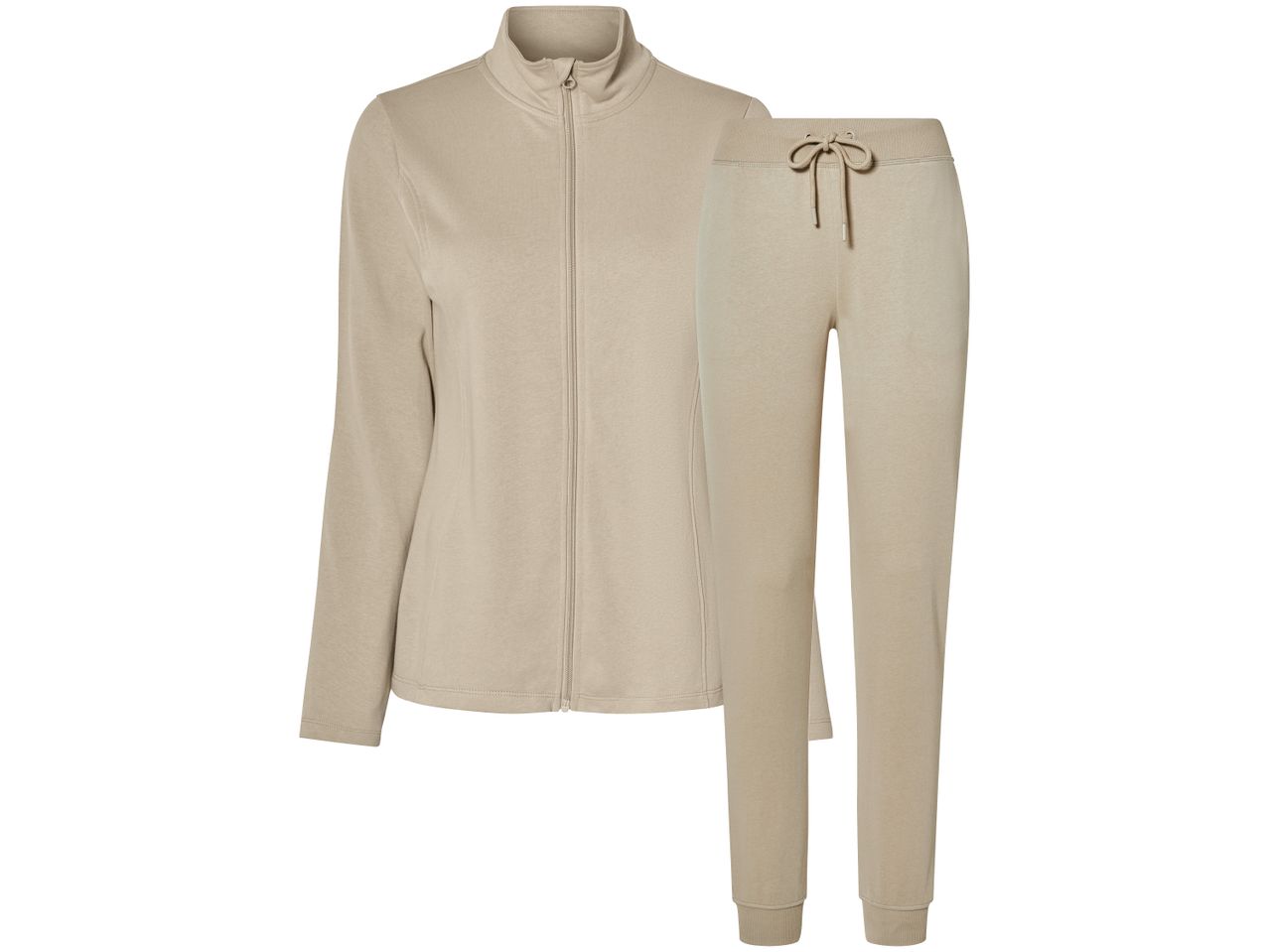 Бежов дамски домашен комплект от суитшърт с цип и панталон с връзки.