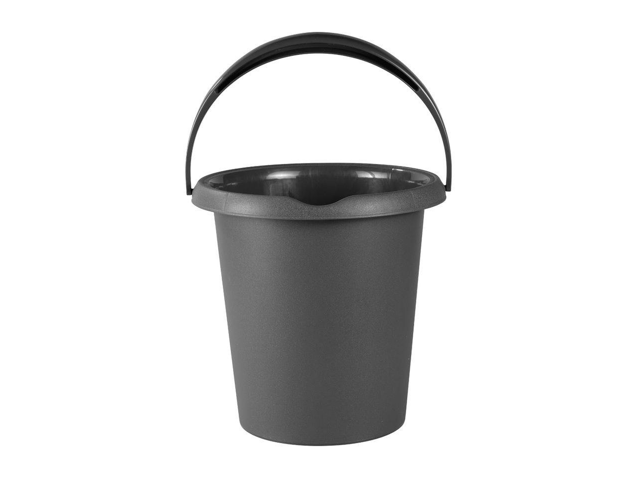 Dark grey plastic bucket with a black handle on a white background