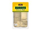 Two Mexican-style burritos with beef and cheese, ready to cook, in a clear plastic tray.