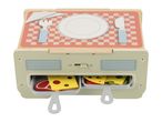 Wooden toy grill with play food, including steak, cheese, and vegetables.