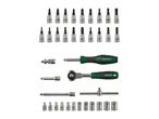 A comprehensive socket wrench and bit set with a ratchet, screwdriver handle, and extensions.