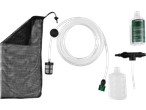 A set of pressure washer accessories including a hose, detergent, and mesh bag.