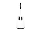 White toilet brush with black bristles and handle, in a white holder.