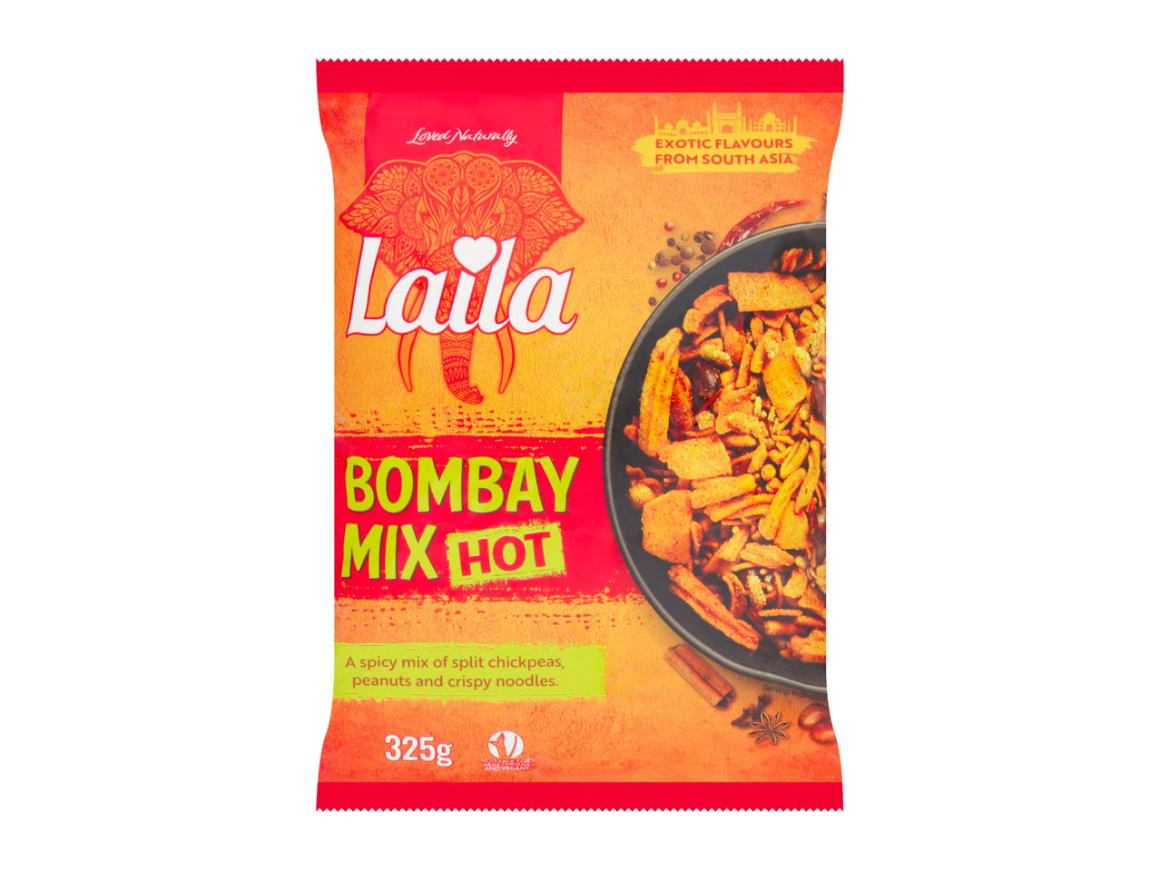 A 325g pack of hot Bombay mix, a spicy snack with split chickpeas, peanuts and crispy noodles.