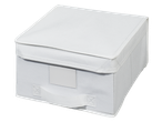 Caixa de arrumação branca W5 com tampa e pega, ideal para organizar a roupa.
