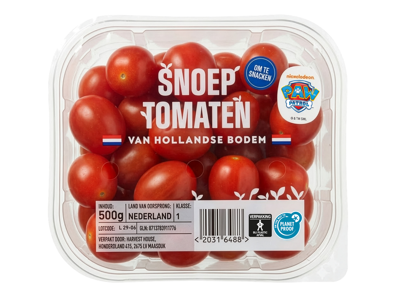 Een plastic bakje met snoeptomaten, met de tekst 'Snoeptomaten van Hollandse bodem' en 'Om te snacken'.