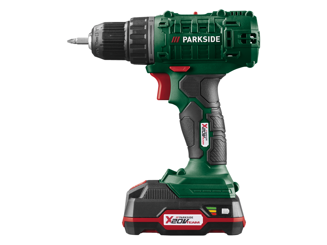 Berbequim sem fios verde e preto com bateria, broca e indicadores de carga.