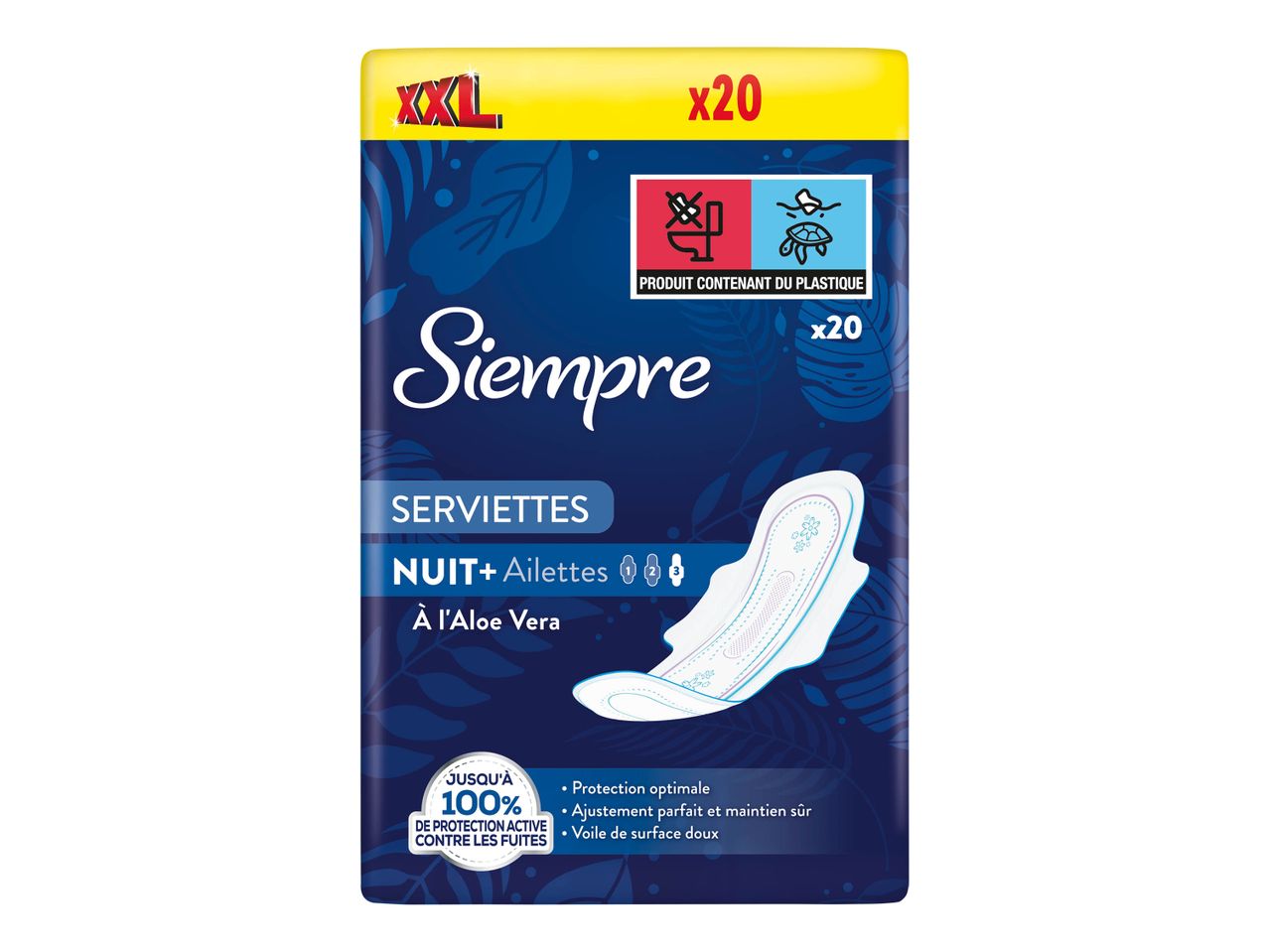 Serviettes hygiéniques Siempre XXL nuit, ailes, aloe vera, lot de 20.
