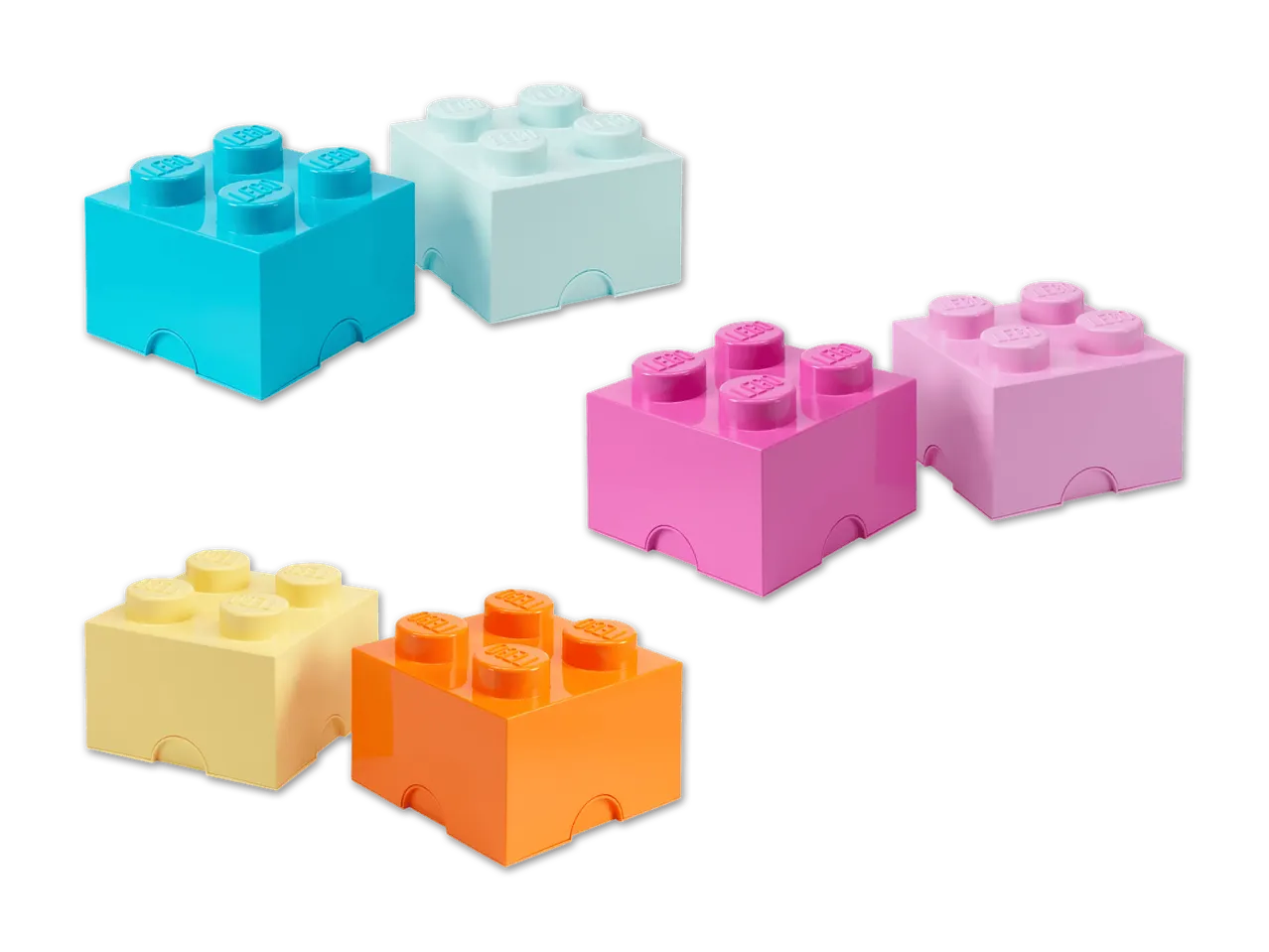 Mehrfarbige Bausteine in verschiedenen Pastelltönen, darunter Blau, Rosa, Gelb und Orange.