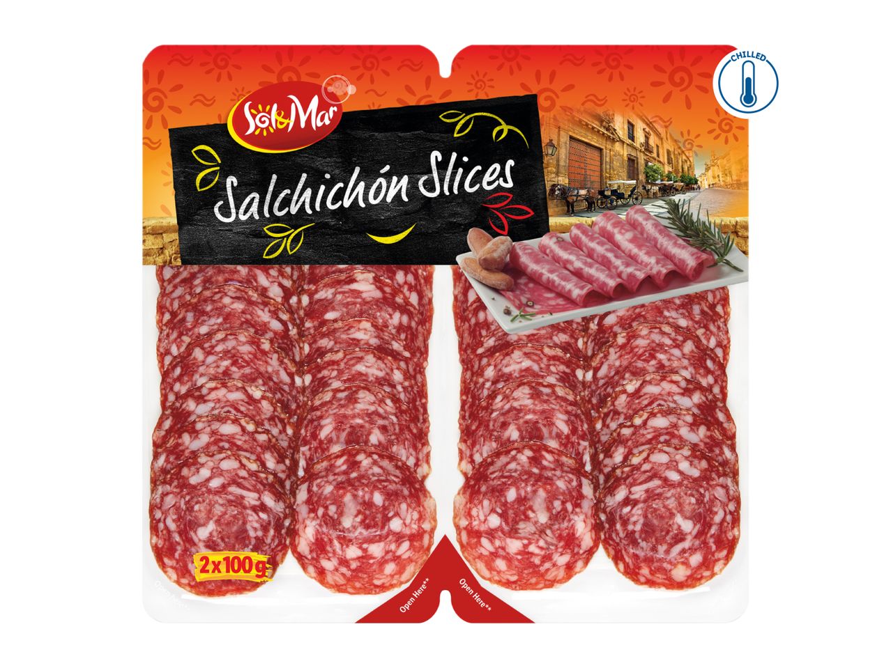 Pack of sliced salami with a Spanish-themed label, showing a street scene and a 'Chilled' icon.