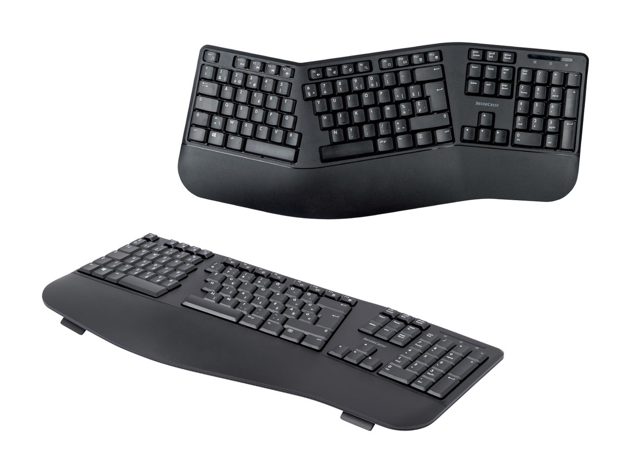 To ergonomiske Kinesis-tastaturer vist fra forskellige vinkler.