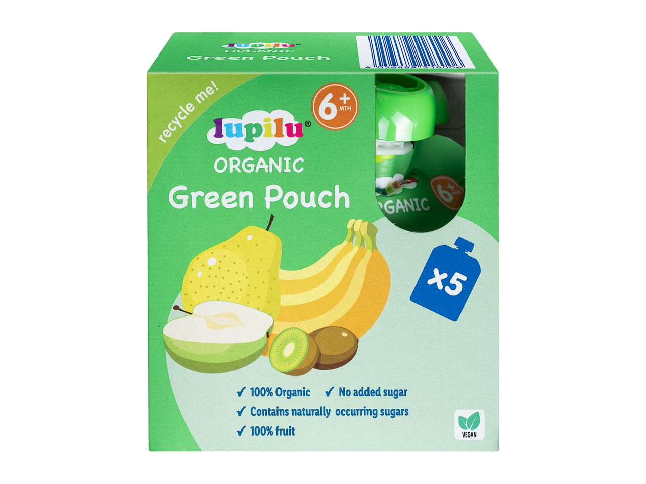 Lupilu Organic Green Pouch: 5 fruit pouches for babies 6+ months.
