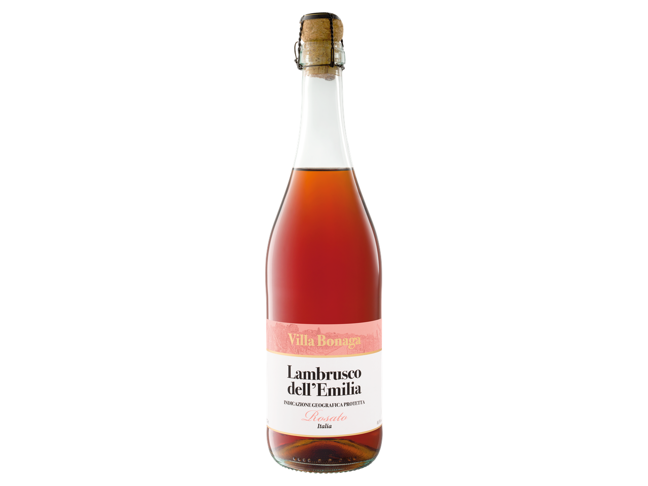 Lambrusco dell'Emilia Rosato olasz gyöngyözőbor fekete háttér előtt.
