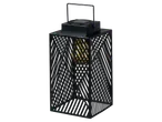 Black solar lantern with a decorative slatted design and a warm glowing bulb
