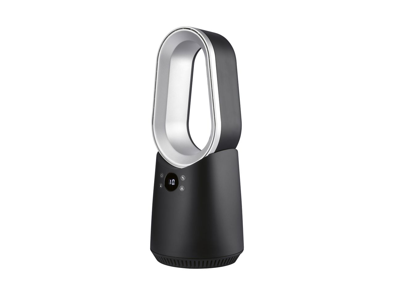 Sort og sølvfarvet bladløs ventilator med digitalt display og knapper.