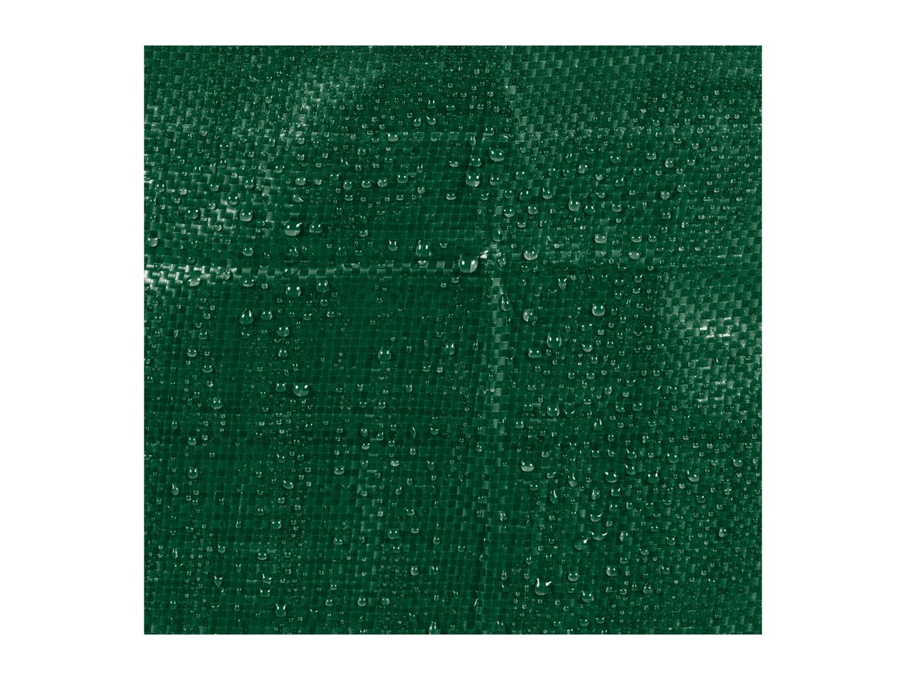 Close-up of a waterproof green woven tarp with water droplets on the surface.