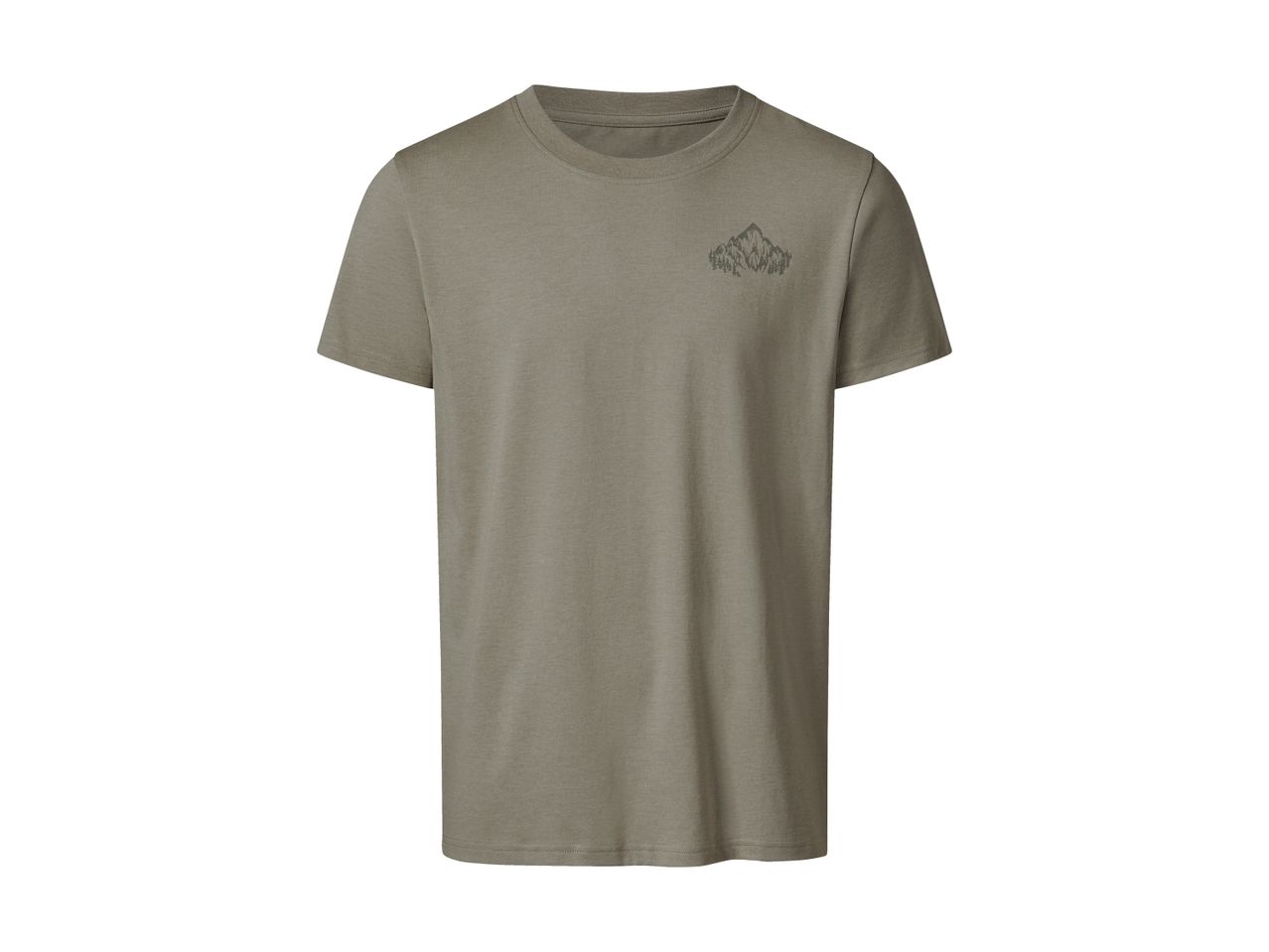 Grøn T-shirt med et bjerg- og træmotiv.