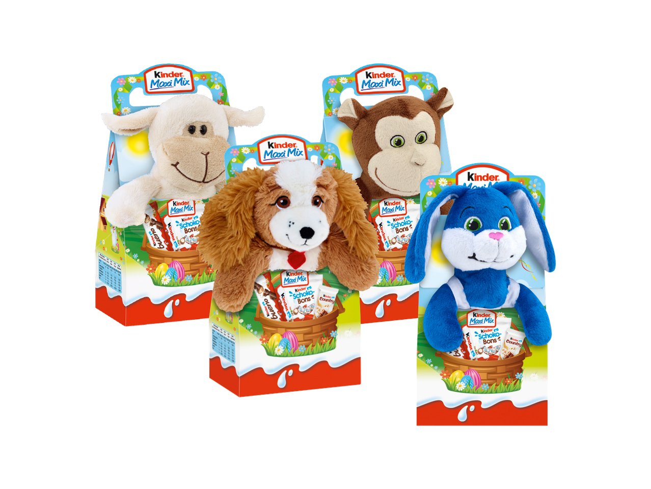 Četiri plišane igračke (ovca, pas, majmun i zec) sa pakovanjima čokoladnih poslastica.