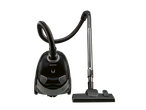 Black vacuum cleaner with hose and floor nozzle on a black background.