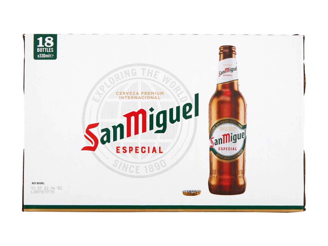 San Miguel Especial beer, 18 bottles x 330ml, in a white cardboard box.