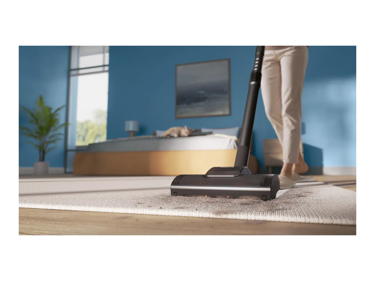 Vacuum cleaner on a rug with dirt, person in background.