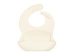 Cream-colored silicone baby bib with an adjustable neck and a catch-all pocket.