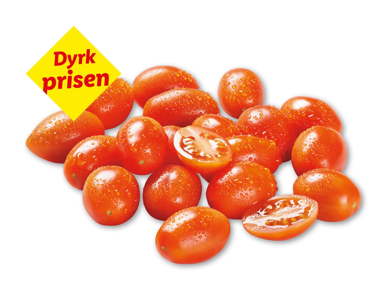 En bunke friske cherrytomater med vanddråber og et gult skilt med teksten 'Dyrk prisen'.