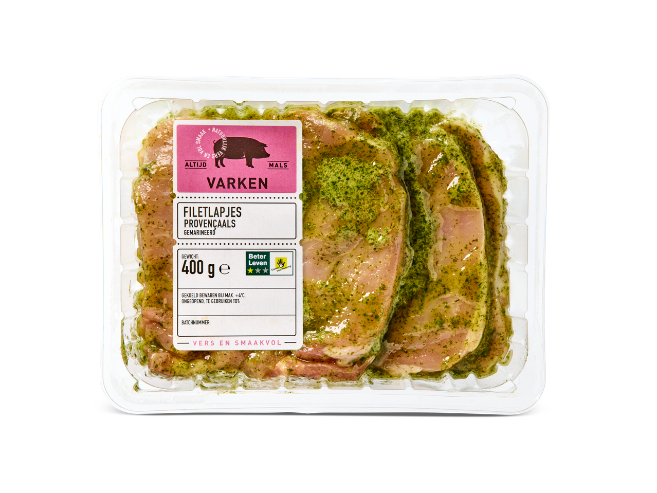 Gemarineerde varkensfilets in een plastic schaal.