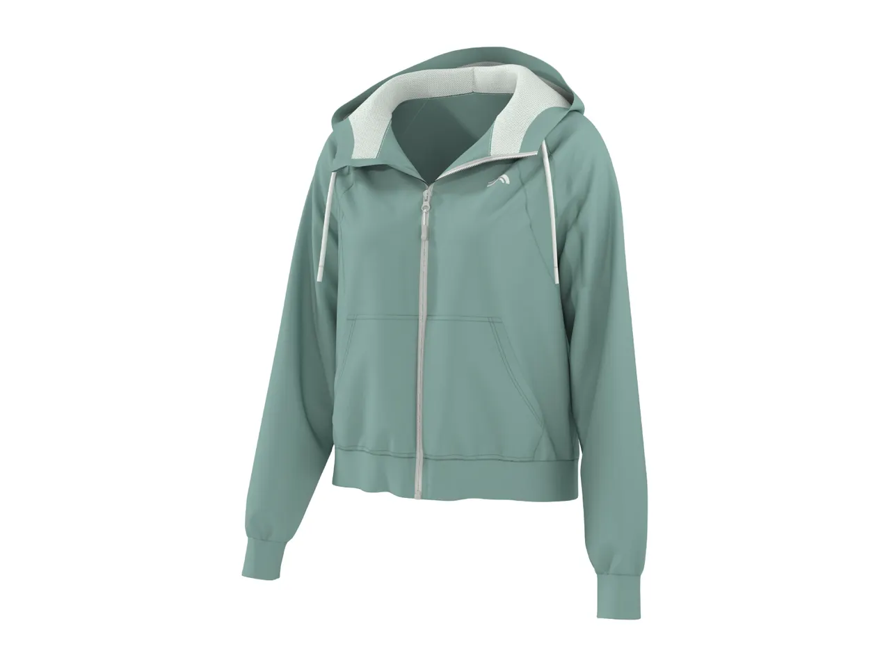 Light green women's hooded jacket with a white zipper and drawstrings.