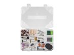 Rotary tool accessory kit with various bits, brushes, and sanding drums in a clear case.