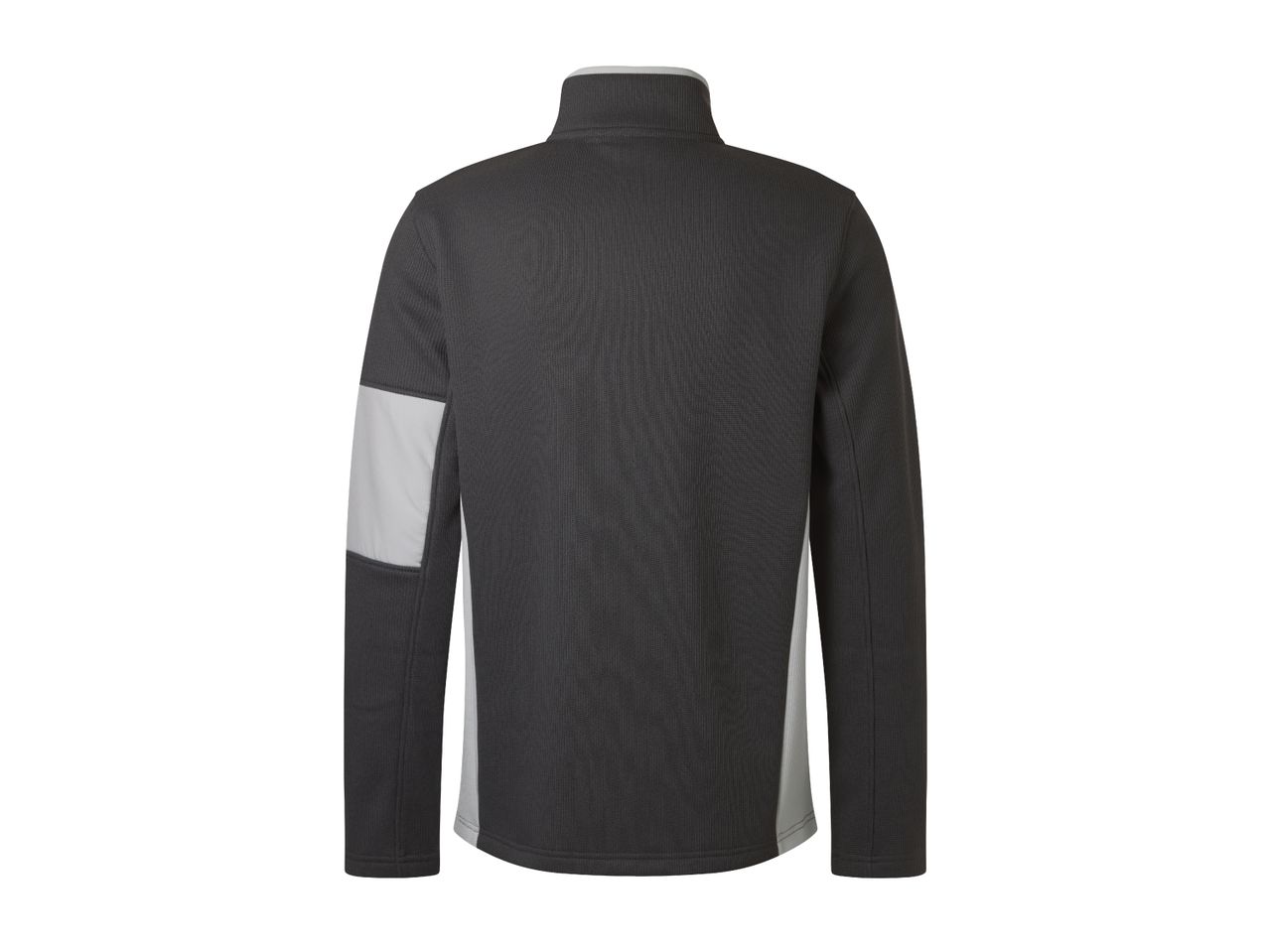 Back view of a dark gray men's zip-up fleece jacket with light gray panels.