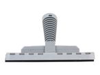 Grey window squeegee with a ribbed handle and black rubber blade