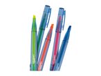 Five colorful highlighters with translucent blue caps and barrels, arranged diagonally.
