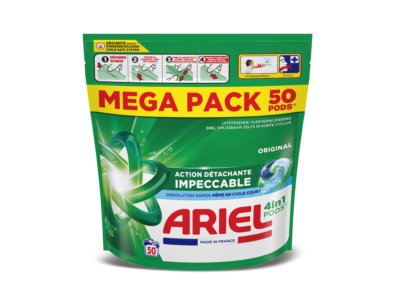 Groene verpakking met 50 wasmiddelcapsules, kindveilige sluiting en vlekverwijderende werking.