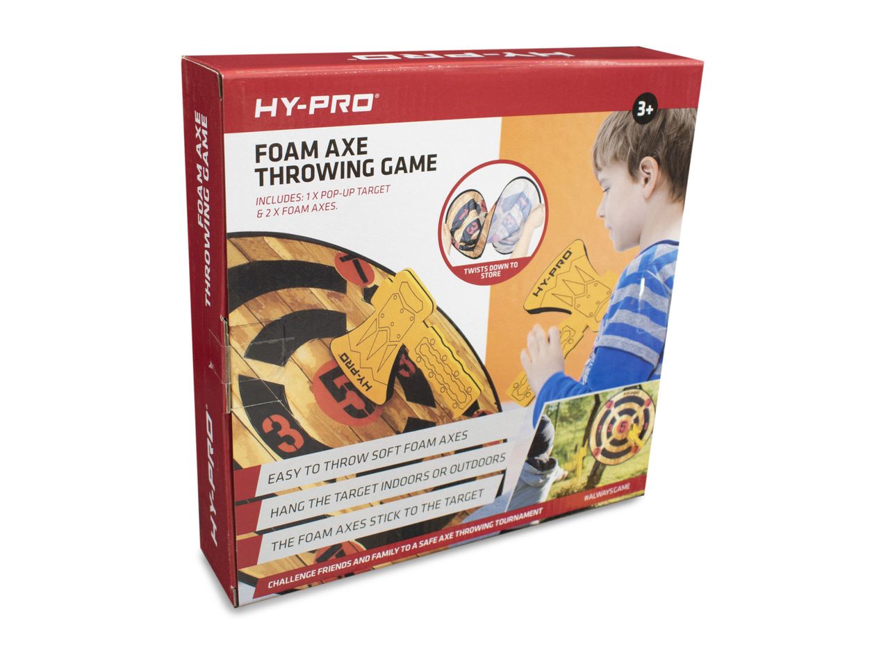 HY-PRO foam axe throwing game with target and two foam axes.