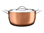 Copper-colored cooking pot with a glass lid and stainless steel handles
