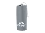 Grey drawstring bag with a white logo, standing upright.
