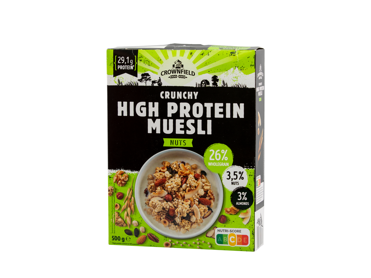 Kutija Crownfield Crunchy High Protein Muesli sa orasima i Nutri-Score oznakom.