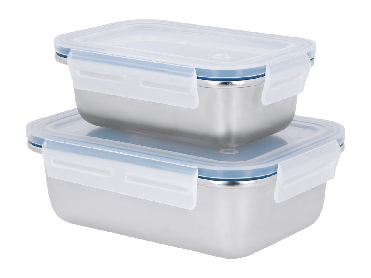 Two rectangular stainless steel food containers with clear plastic lids and blue seals.