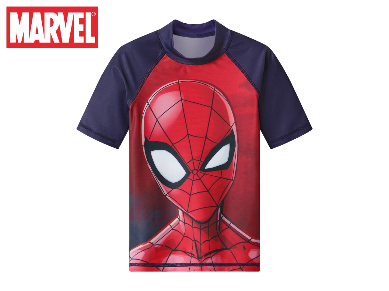 Kids' short-sleeved rash guard with a large Spider-Man graphic on the front.