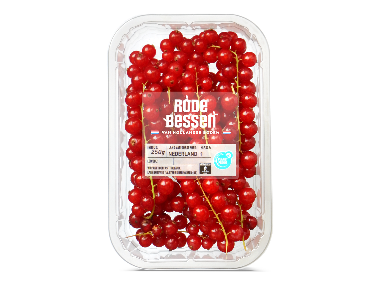 Rode bessen in een plastic bakje met etiket: 250g, Nederland, Planet Proof.