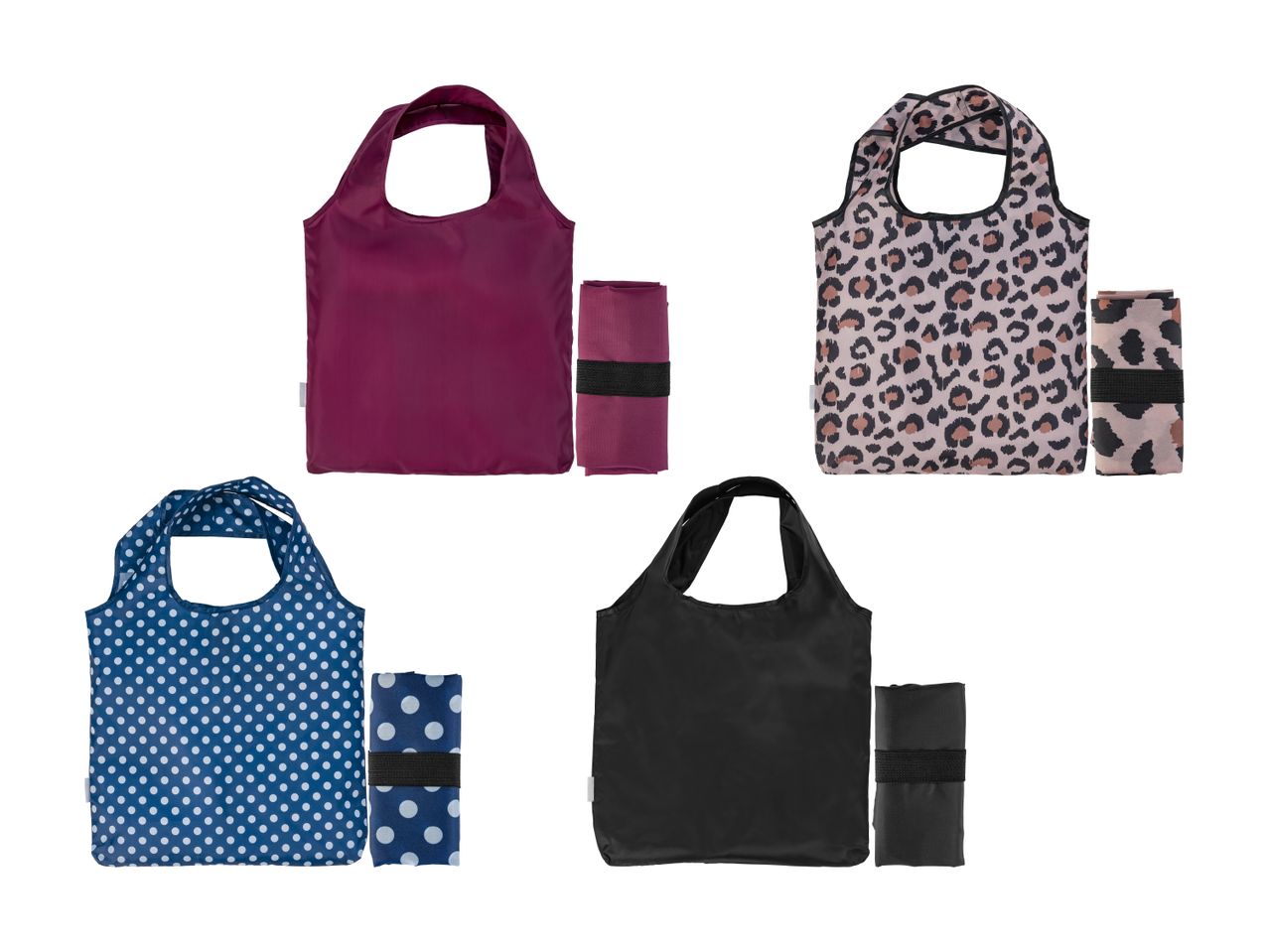 Fire genanvendelige indkøbsposer: bordeaux, leopardprint, blå med prikker og sort.