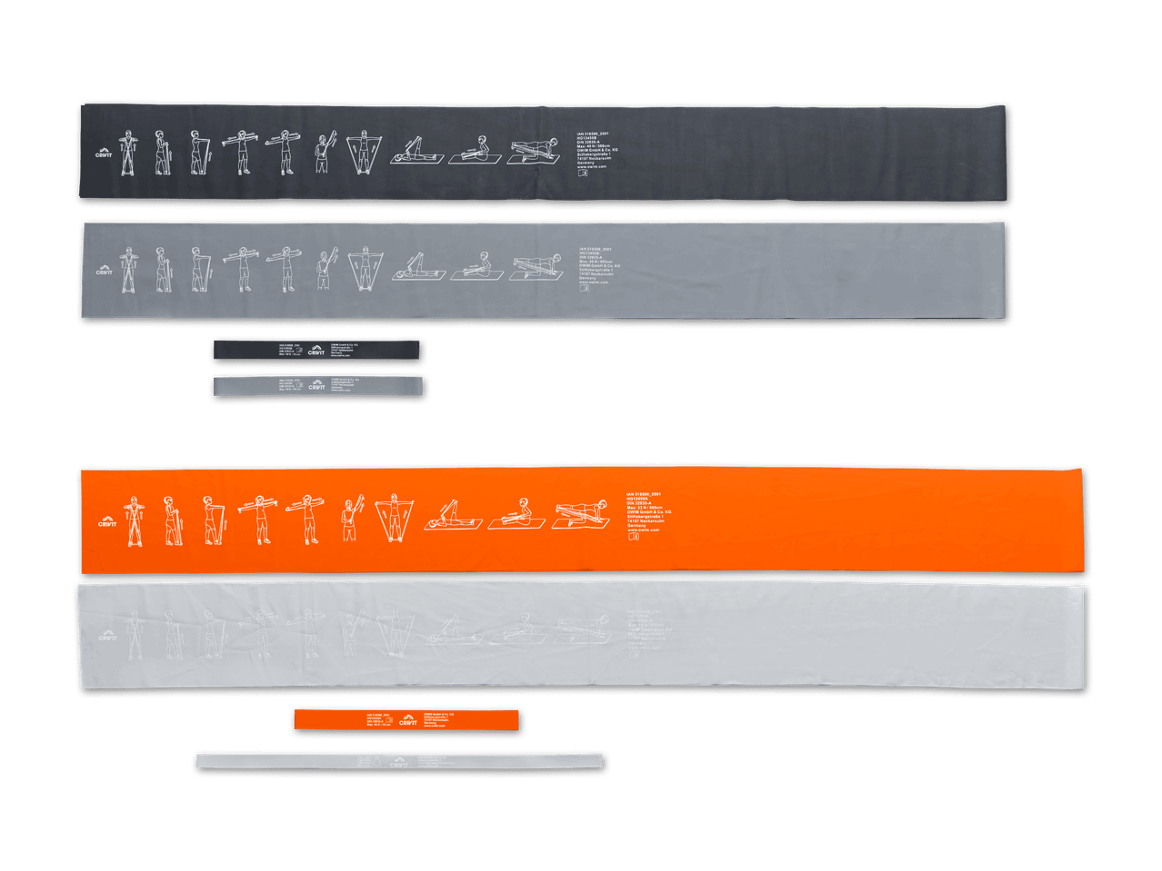 Vier CRIVIT Fitnessbänder in Schwarz, Grau, Orange und Weiß mit Übungsanleitungen und Produktinformationen.