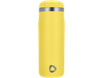 Yellow insulated bottle with a silver band and a grey triangular logo at the bottom