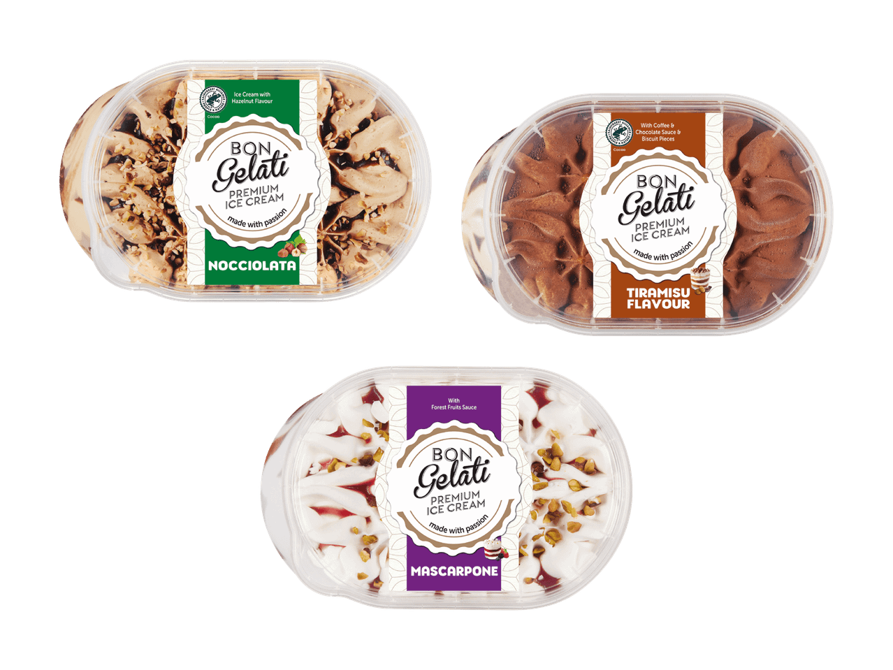 Trois pots de glace premium : noisette, tiramisu et mascarpone aux fruits des bois.