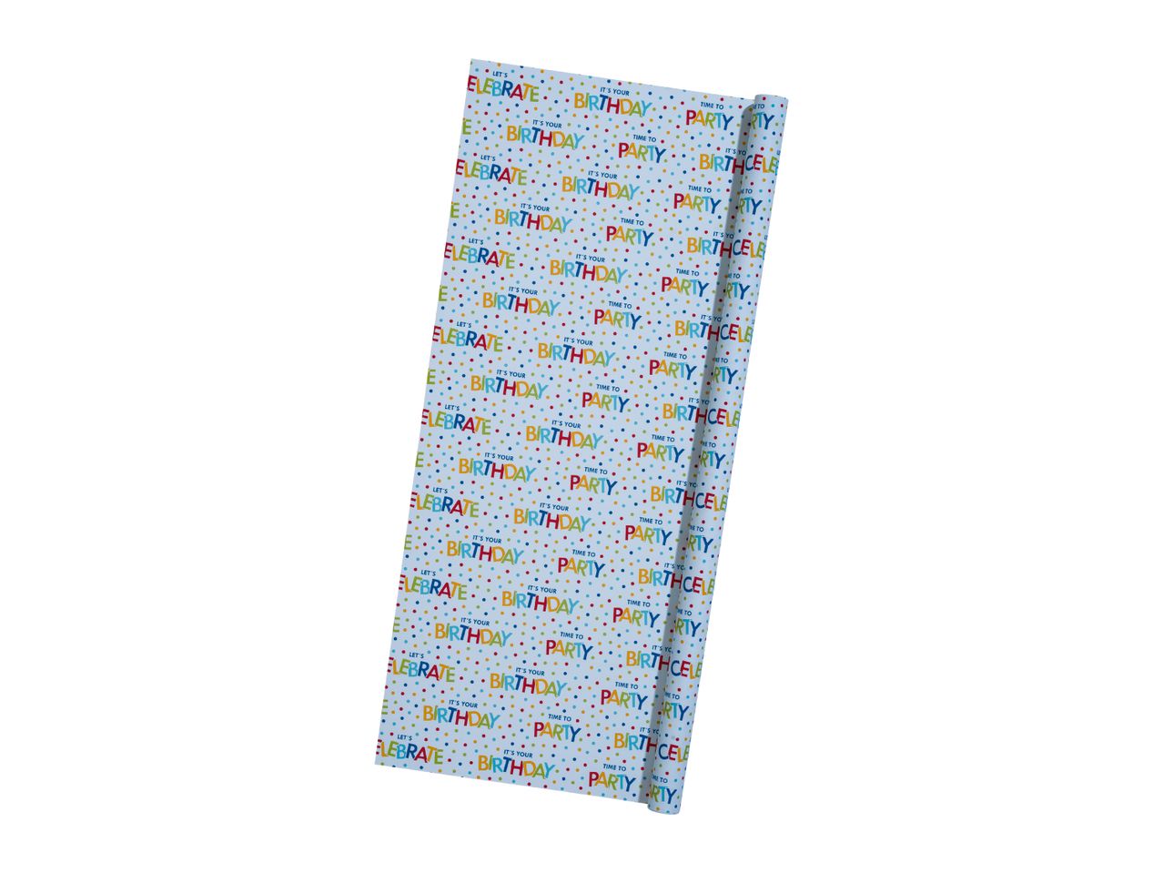 Birthday party wrapping paper roll with colorful text and polka dots.