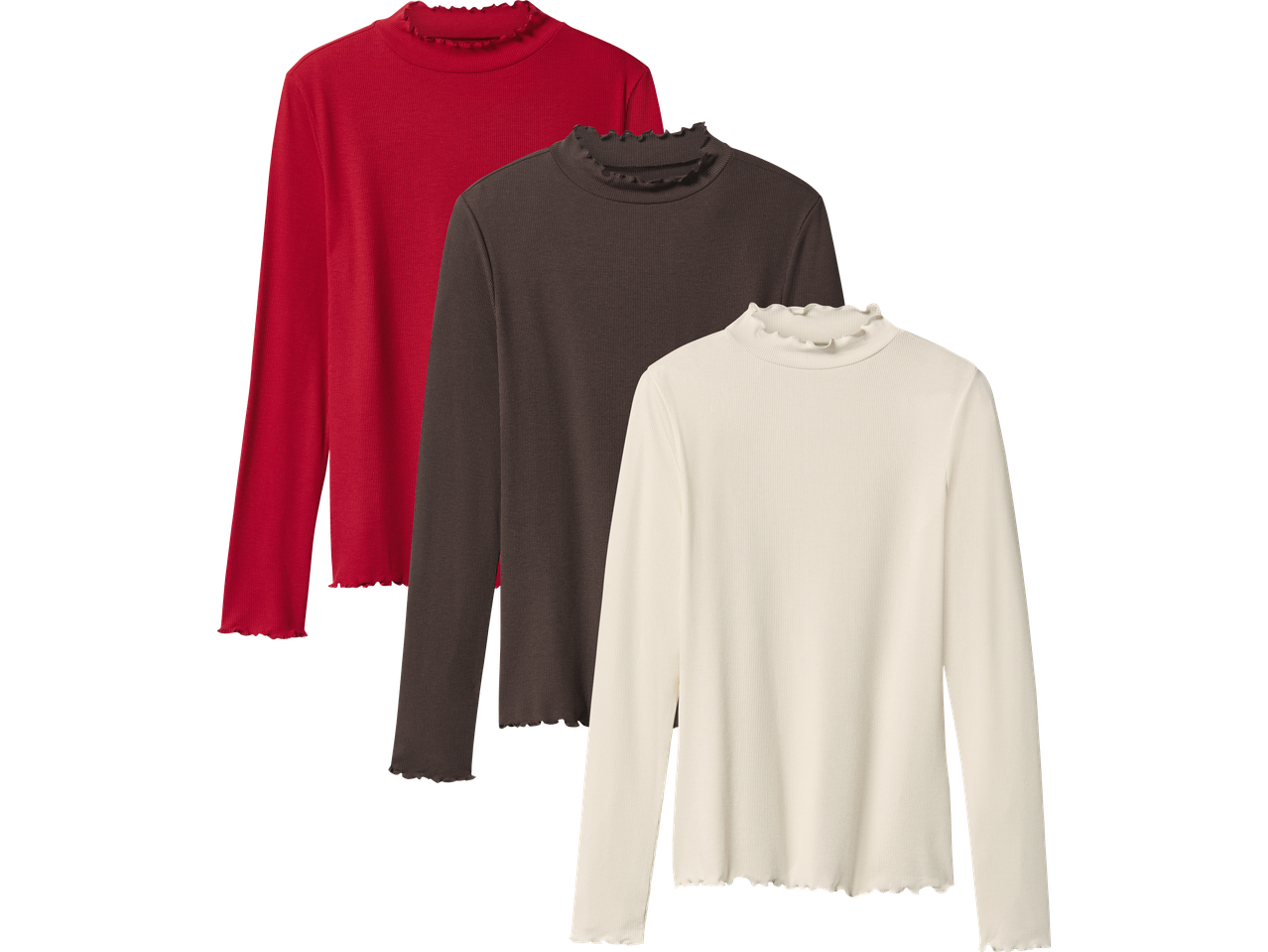 Tre långärmade tröjor i rött, brunt och vitt med volangdetaljer.