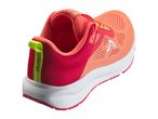 Rear view of a vibrant orange and red running shoe with a white sole and green pull tab.
