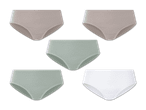Fünf Damen-Unterhosen in verschiedenen Farben.